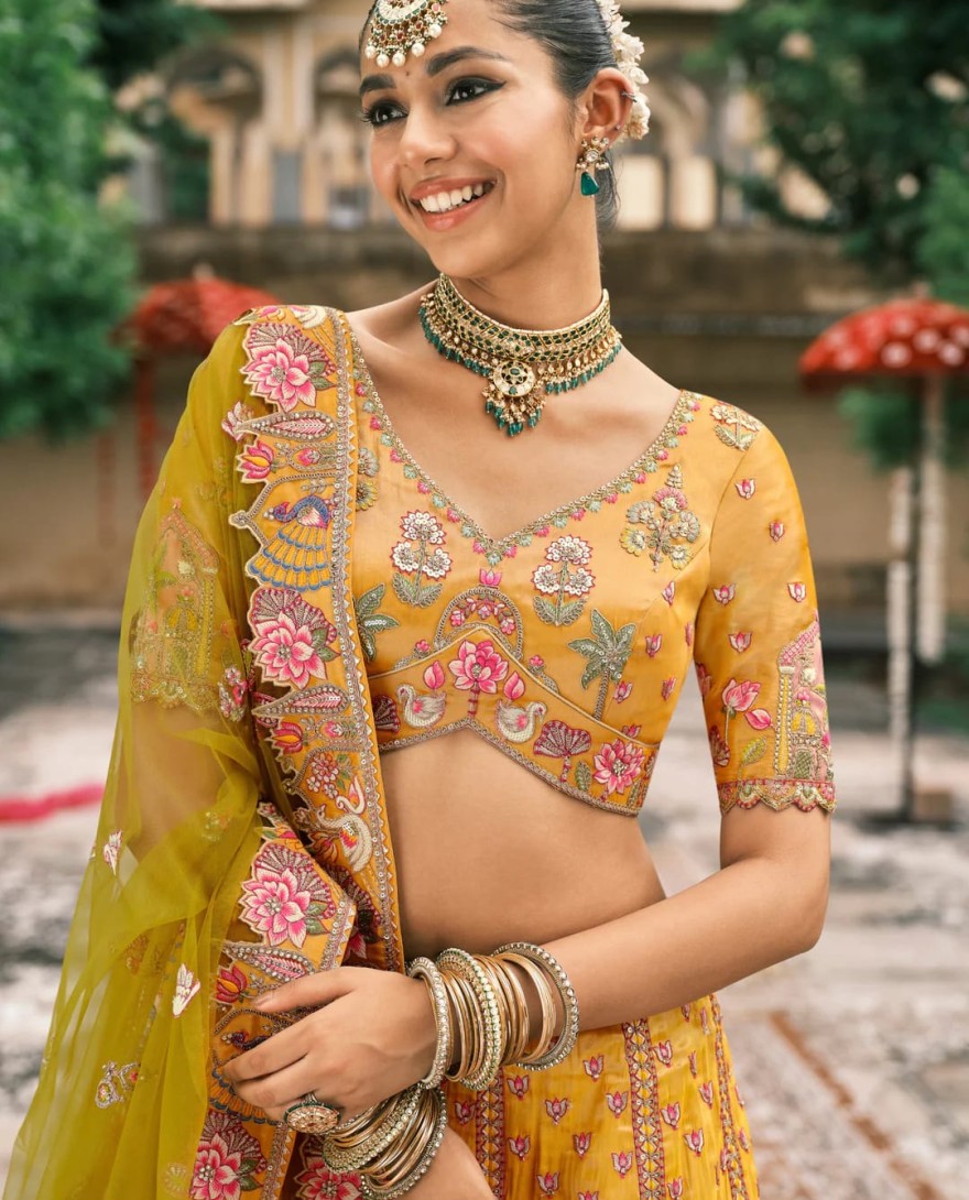 Yellow - Yellow & Green Fancy Silk Lehenga Choli With Cut Work Embroidery Border & Stone Work